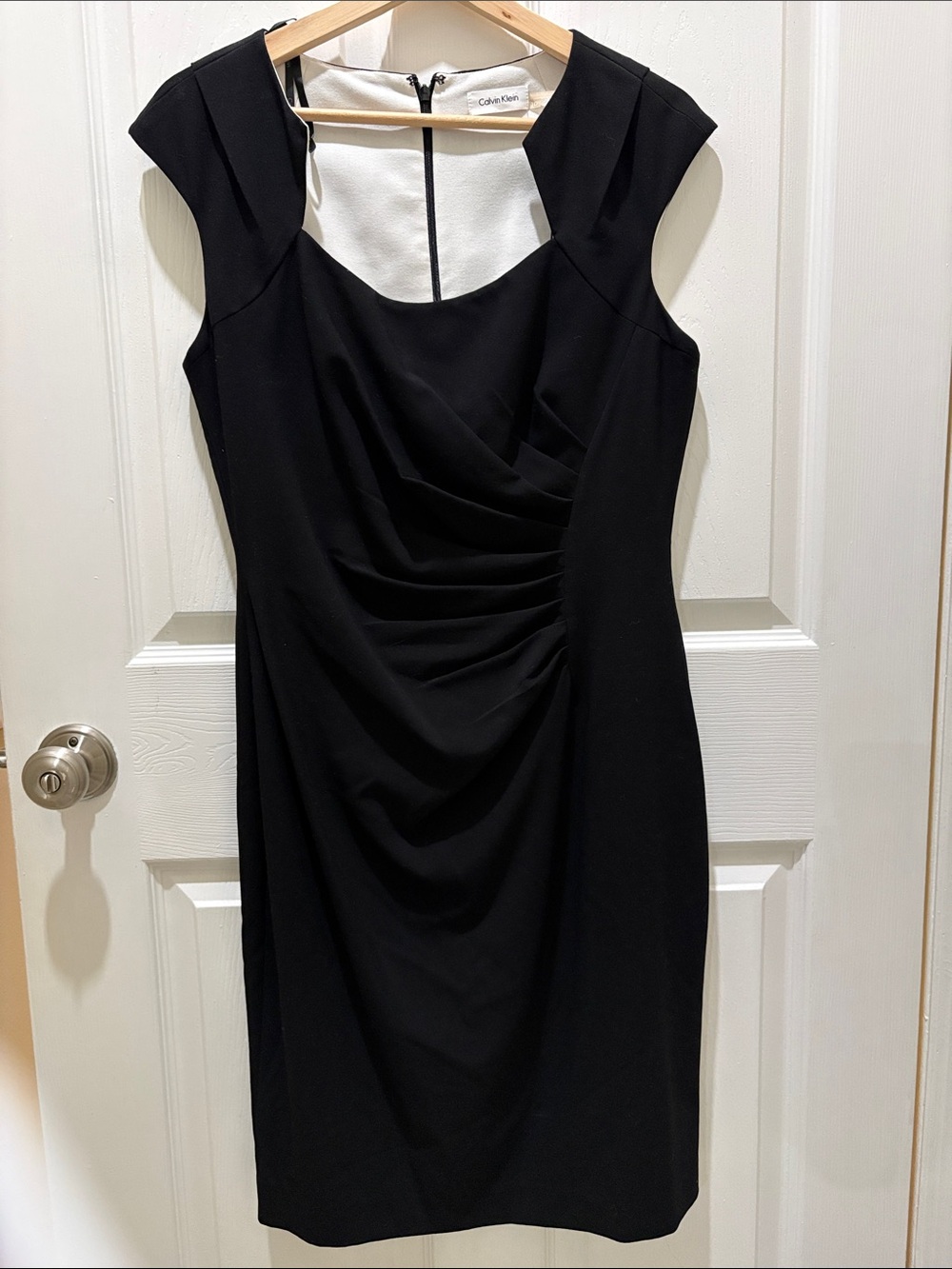 Calvin Klein Black Draped Cap-Sleeve Midi Sheath Dress